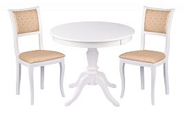 Обеденная группа стол Элат D90(130)х90х76 Белый и 2 стула Камир Белый/Бежевый жаккард - Фото предпросмотра
