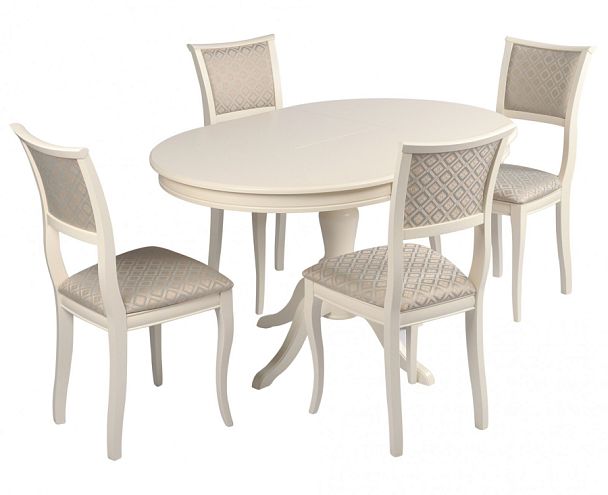 Обеденная группа стол Элат D90(130)х90х76 Слоновая кость и 4 стула Камир Слоновая кость/Бирюзовый жаккард - Вид 1