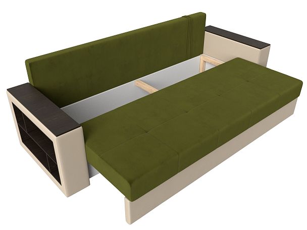 Диван прямой Дубай Лайт полки слева (основа микровельвет зеленый, компаньон экокожа бежевая) - Вид 7