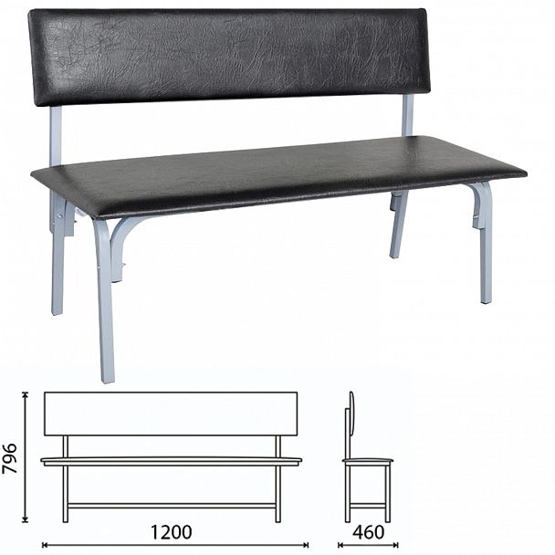 Банкетка со спинкой "Астрид", 1200х470х796 мм, серый каркас, кожзам черный - Вид 2