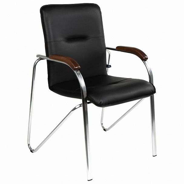 Кресло для приемных и переговорных "Samba", деревянные накладки, хромированный каркас, кожзам черный, стопируемый - Вид 3