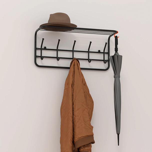 Вешалка настенная с полкой "ВСП6", 265х600х220 мм, 5 крючков, металл, черная, ВСП 6 Ч - Вид 4
