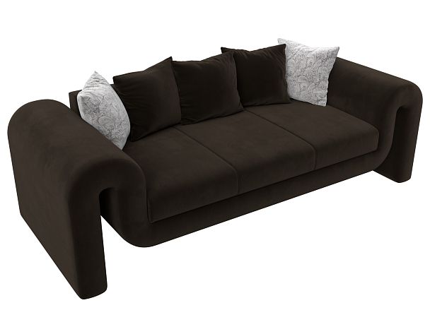 Прямой диван Волна (полностью микровельвет коричневый, подушки 3 микровельвет коричневый, 2 велюр серый с узором) - Вид 5