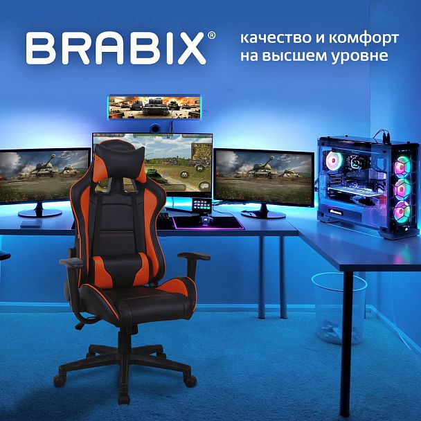 Кресло компьютерное BRABIX "GT Racer GM-100", две подушки, экокожа, черное/оранжевое, 531925 - Вид 3