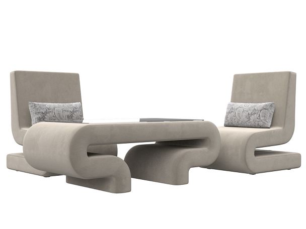 Волна набор 3 - стол, 2 кресла (полностью микровельвет бежевый) - Вид 1