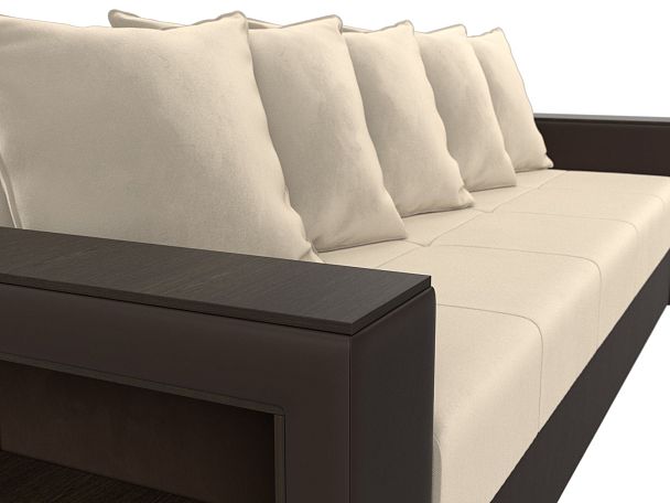 Диван прямой Дубай Лайт полки слева (основа микровельвет бежевый, компаньон экокожа коричневая) - Вид 4