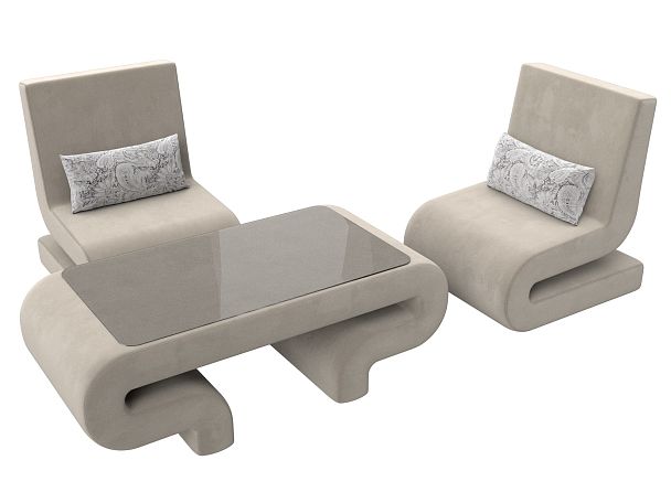 Волна набор 3 - стол, 2 кресла (полностью микровельвет бежевый) - Вид 4