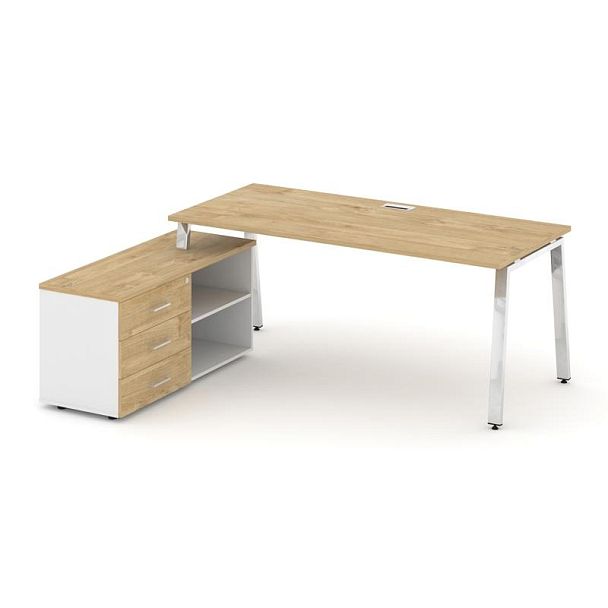 Style Project Direct Lux Стол письменный с греденцией левой M-SN-6A.SRG-024.M(L) Тиквуд Светлый/Белый/Тиквуд Светлый/Нержавеющая Сталь/Хром 1580*800*750 - Вид 1