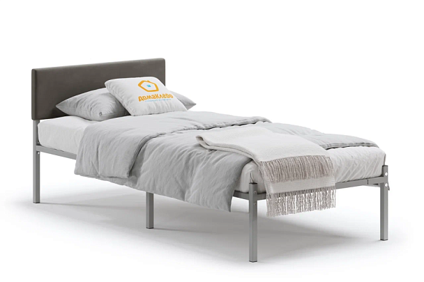 Кровать металлическая Лофт КОМПАКТ с мягкой спинкой 1200*2000, цвет кровати серый, мягкая спинка темная - Вид 1