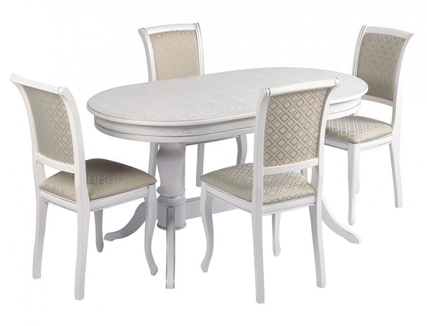 Обеденная группа стол Арей 140(180)х80х76 Белый с серебряной патиной и 4 стула Арктос Белый с серебряной патиной/Бирюзовый жаккард - Вид 1