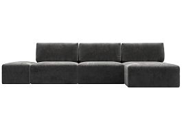 Диван угловой модульный с пуфом Лига-060 НПБ Лонг угол универсальный Велюр серый - Фото предпросмотра