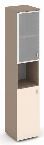 Шкаф высокий узкий (1 низкий фасад ЛДСП + 1 низкий фасад стекло Лакобель IVORY / UMBRA в раме) "ESTETICA" ES.SU-1.4R Сатин - Вид 1