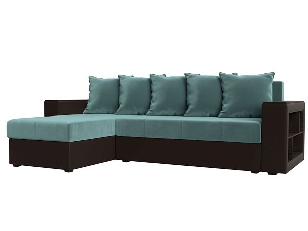 Диван угловой Дубай Лайт угол левый (основа велюр бирюзовый, компаньон экокожа коричневая) - Вид 1