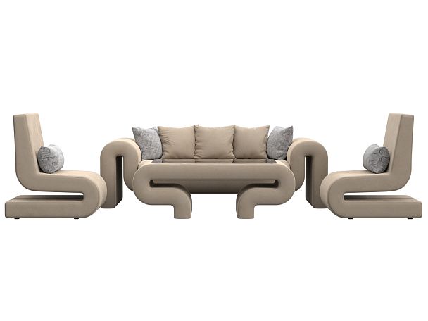 Волна набор 2 - диван, стол, 2 кресла (полностью велюр бежевый) - Вид 2