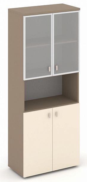 Шкаф высокий широкий (2 низких фасада ЛДСП + 2 низких фасада стекло в раме сатин матовый) "ESTETICA" ES.ST-1.4R Сатин/Сатин матовый - Вид 1