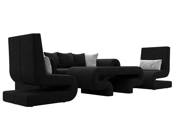 Волна набор 2 - диван, стол, 2 кресла (полностью микровельвет черный) - Вид 3