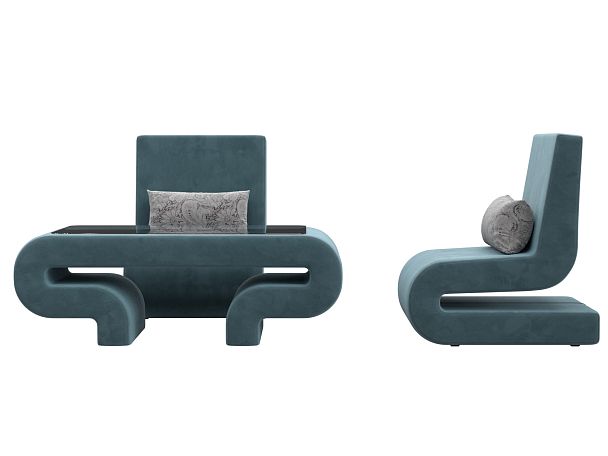 Волна набор 3 - стол, 2 кресла (полностью велюр бирюзовый) - Вид 2