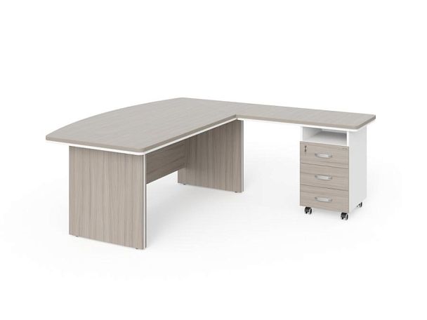 БЕРЛИН / BERLIN Стол руководителя угловой R с тумбой 3 ящика 1800х2000х760 Дрифтвуд/Белый - Вид 1