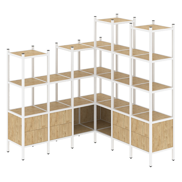Loft Угловой внутренний стеллаж наборный VR.L-41 Тиквуд светлый/Белый металл 1694*1694*1869 - Вид 1