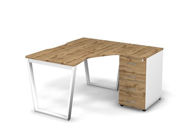 MATRIX 121S150-V Стол эгоном-й с тумбой R, пров-ик вырезной (V-опоры) 1380х1380х775 Дуб Крафт/Белый - Вид 1