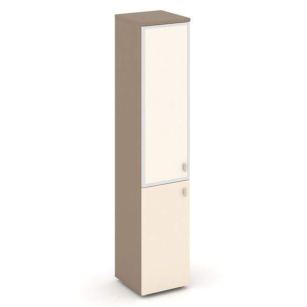 Estetica Шкаф высокий узкий лев. (1 низ. фасад ЛДСП+1 сред. фасад стекло лакобель в раме) ES.SU-1.2R (L) I Латте/Сатин/Лакобель ivory 400*420*1977 - Вид 1