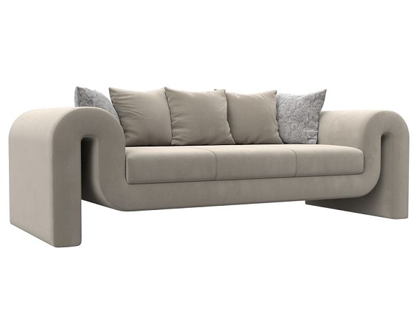 Прямой диван Волна (полностью микровельвет бежевый, подушки 3 микровельвет бежевый, 2 велюр серый с узором) - Вид 1