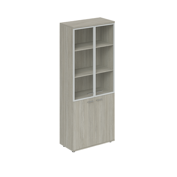 Шкаф высокий Wing 800х400х1955 со стеклом, з.ст HDF / дуб светлый, алюминиевая рамка, стекло прозрачное - Вид 1