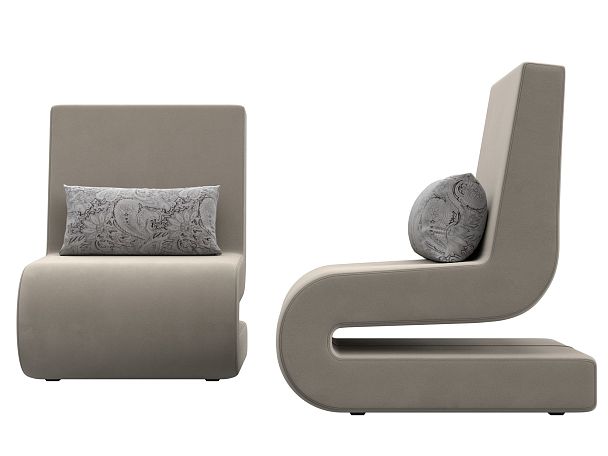 Кресло Волна (полностью микровельвет бежевый, подушки велюр серый с узором) - Вид 2
