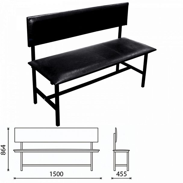 Банкетка со спинкой "Берта" 1500х455х864 мм, усиленная, черный каркас, кожзам черный - Вид 1