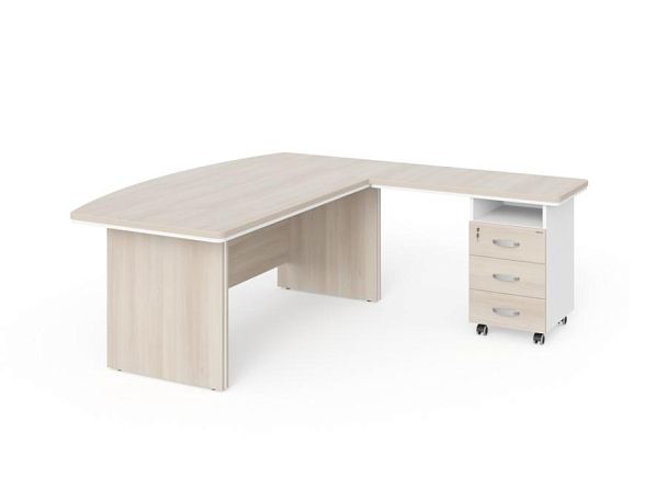БЕРЛИН / BERLIN Стол руководителя угловой R с тумбой 3 ящика 1800х2000х760 Акация/Белый - Вид 1