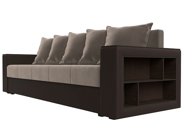 Диван прямой Дубай Лайт полки справа (основа велюр коричневый, компаньон экокожа коричневая) - Вид 3