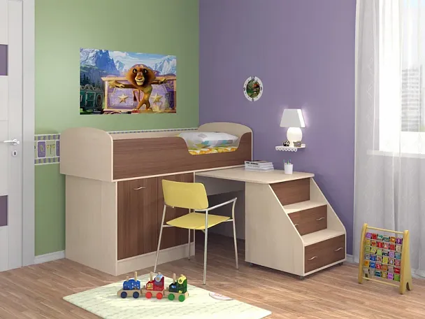 Кровать-чердак "Дюймовочка-2" дуб/орех - Вид 1