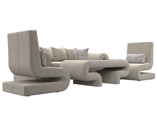 Волна набор 2 - диван, стол, 2 кресла (полностью микровельвет бежевый) - Вид 3