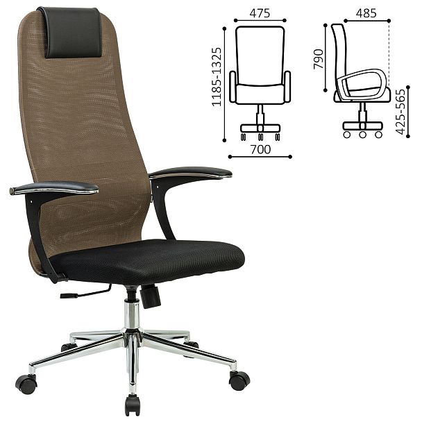 Кресло BRABIX PREMIUM "Ultimate EX-801" хром, плотная двойная сетка Х2, черное/коричневое, 532920 - Вид 3