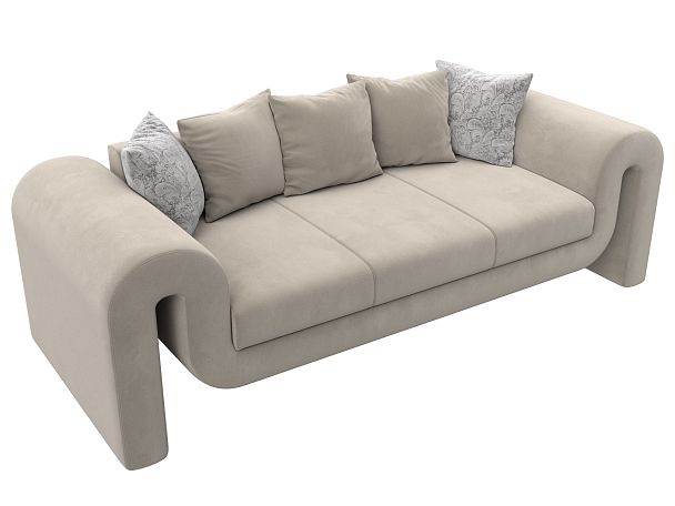 Прямой диван Волна (полностью микровельвет бежевый, подушки 3 микровельвет бежевый, 2 велюр серый с узором) - Вид 5