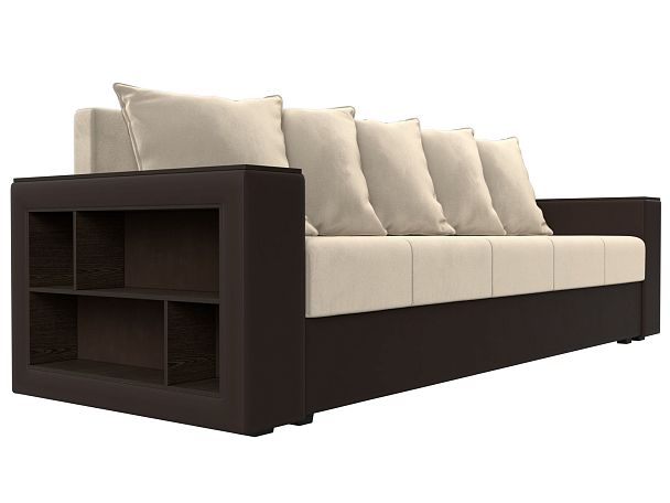 Диван прямой Дубай Лайт полки слева (основа микровельвет бежевый, компаньон экокожа коричневая) - Вид 3