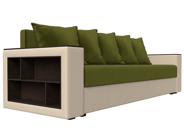 Диван прямой Дубай Лайт полки слева (основа микровельвет зеленый, компаньон экокожа бежевая) - Вид 3