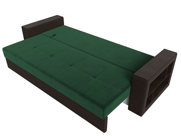 Диван прямой Дубай Лайт полки справа (основа велюр зеленый, компаньон экокожа коричневая) - Вид 8