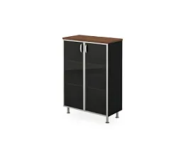 БЕРЛИН / BERLIN Стеллаж закрытый витрина стекло в раме 900х430х1290 Орех Вармия/Черный - Фото предпросмотра