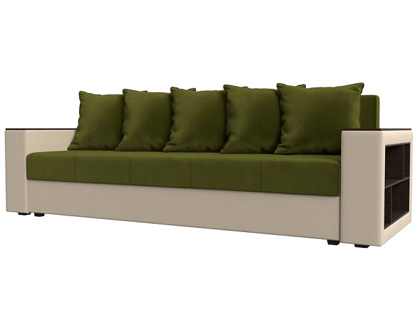 Диван прямой Дубай Лайт полки справа (основа микровельвет зеленый, компаньон экокожа бежевая) - Вид 1