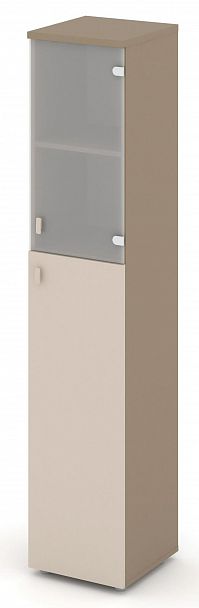 Шкаф высокий узкий (1 средний фасад ЛДСП + 1 низкий фасад стекло сатин матовый) "ESTETICA" ES.SU-1.7 Капучино/Сатин матовый - Вид 2