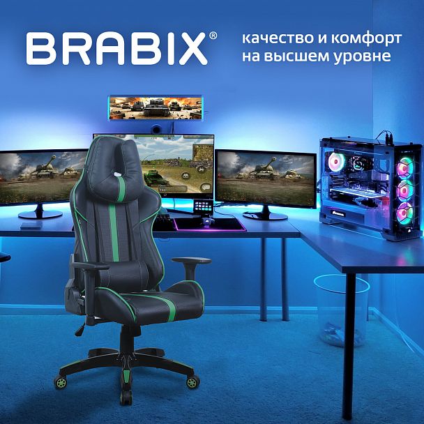 Кресло компьютерное BRABIX "GT Carbon GM-120", две подушки, экокожа, черное/зеленое, 531929 - Вид 3
