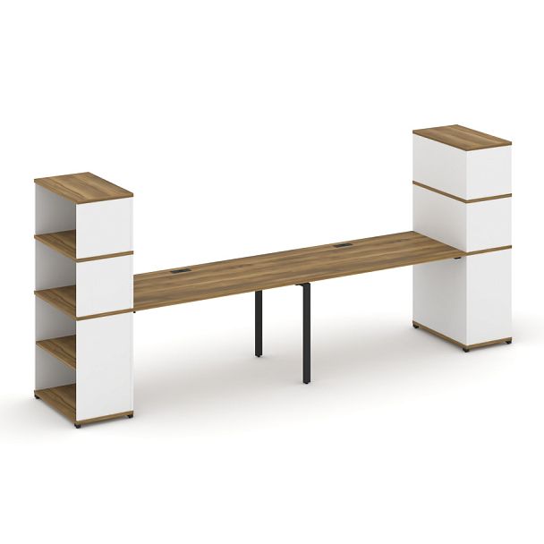 Concept Рабочая станция с опорными стеллажами с надставкой выс. CN.ORS-215 Сандал Янтарный/Белый Бриллиант/Металл Черный 3600*720*1530 - Вид 1