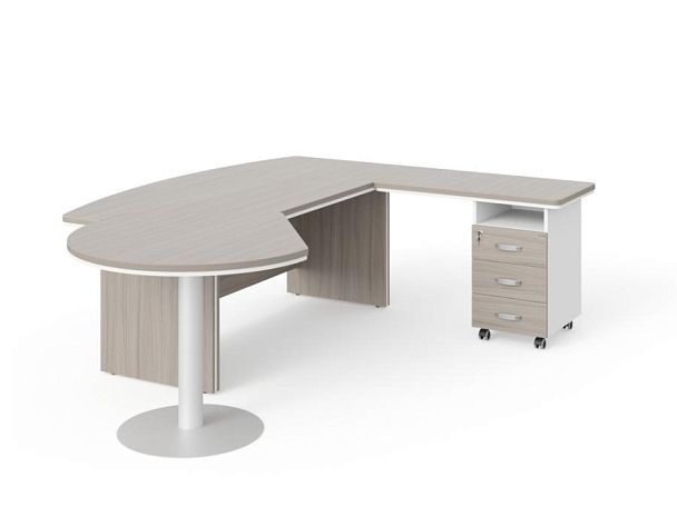 БЕРЛИН / BERLIN Стол руководителя R угловой с брифингом и тумбой 3 ящика 2350х2000х760 Дрифтвуд/Белый - Вид 1