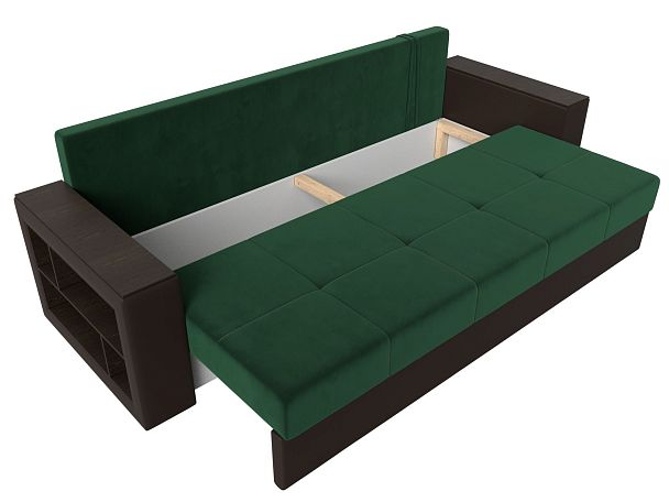 Диван прямой Дубай Лайт полки слева (основа велюр зеленый, компаньон экокожа коричневая) - Вид 7