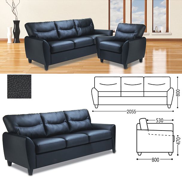 Диван мягкий трехместный "Наполи", 800х2055х800 мм, c подлокотниками, экокожа, черный - Вид 2