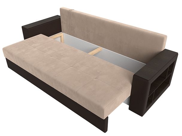 Диван прямой Дубай Лайт полки справа (основа велюр бежевый, компаньон экокожа коричневая) - Вид 7