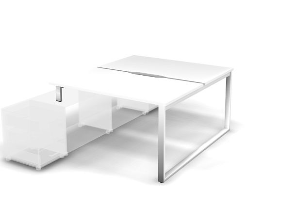 MATRIX 121В201-O Стол прямой двойной с опорой на тумбу, пров. вырезной (O-опоры) 1380х1590х775 Белый - Вид 1