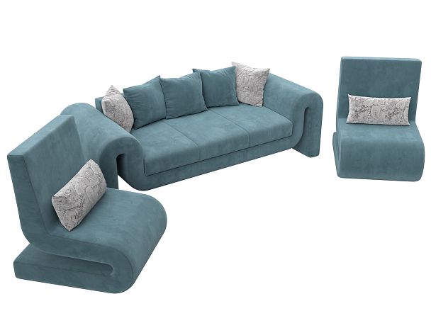 Волна набор 1 - диван, 2 кресла (полностью велюр бирюзовый) - Вид 4