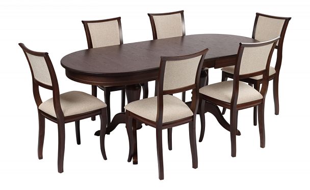 Обеденная группа стол Арей 140(180)х80х76 Темный орех и 6 стульев Камир Темный орех/Кремовая рогожка - Вид 1